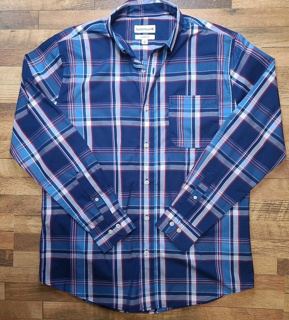 Saddlebred Classic Fit Shirt Mens M Blue Plaid Long Sleeve Button Front Casual